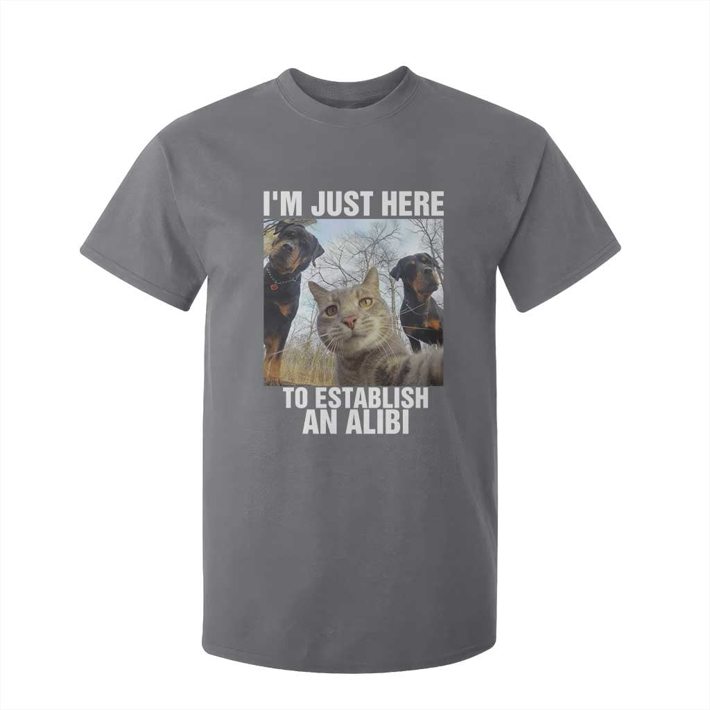 Funny Cat Dog Selfie T Shirt For Kid I Am Just Here To Establish An Alibi TS14 Charcoal Print Your Wear