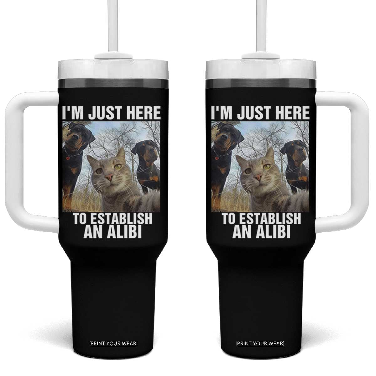 Funny Cat Dog Selfie Tumbler With Handle I Am Just Here To Establish An Alibi TS14 One Size: 40 oz Black Print Your Wear