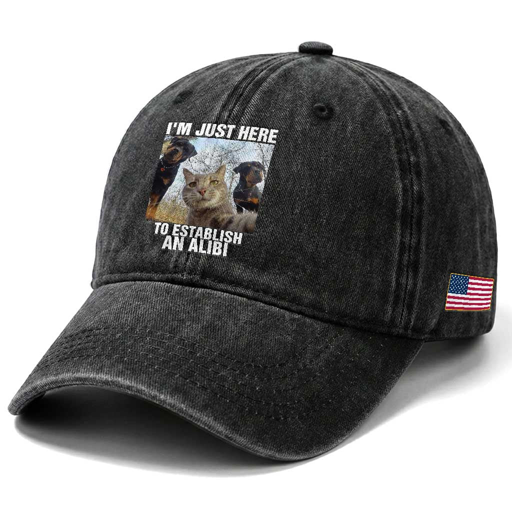 Funny Cat Dog Selfie Washed Cotton Baseball Cap I Am Just Here To Establish An Alibi TS14 Print Your Wear