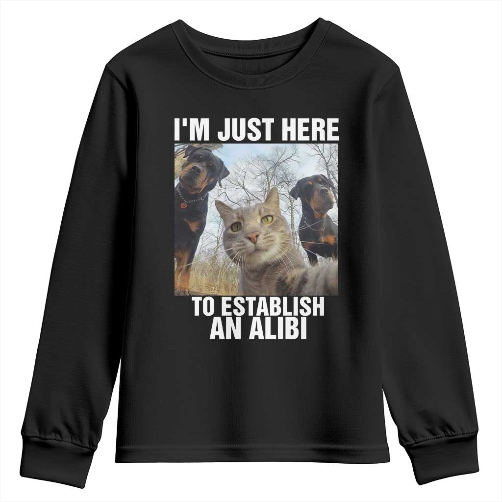 Funny Cat Dog Selfie Youth Sweatshirt I Am Just Here To Establish An Alibi TS14 Black Print Your Wear