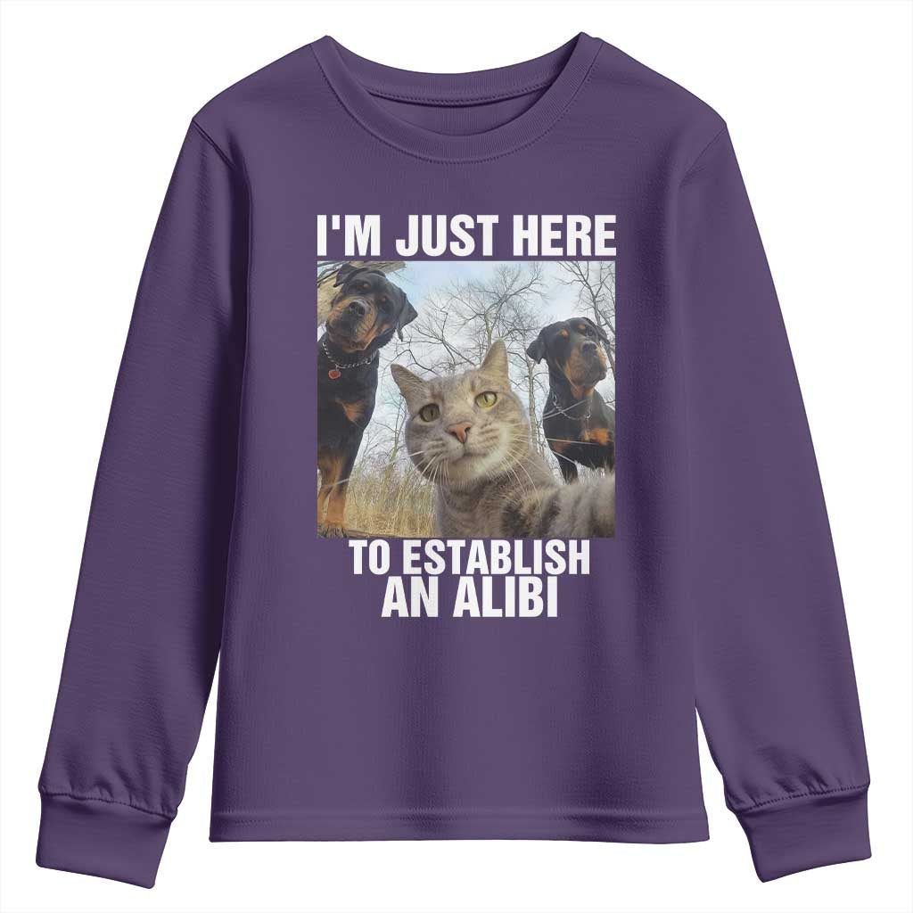 Funny Cat Dog Selfie Youth Sweatshirt I Am Just Here To Establish An Alibi TS14 Purple Print Your Wear