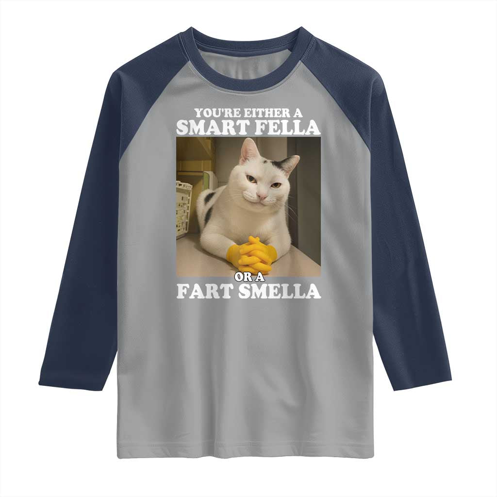 Funny Cat Meme Raglan Shirt You Are Either A Smart Fella Or A Fart Smella TS14 Sport Gray Navy Print Your Wear