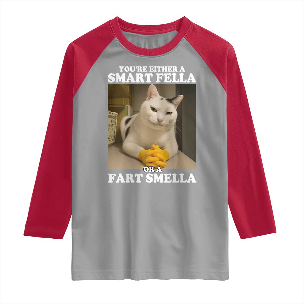 Funny Cat Meme Raglan Shirt You Are Either A Smart Fella Or A Fart Smella TS14 Sport Gray Red Print Your Wear