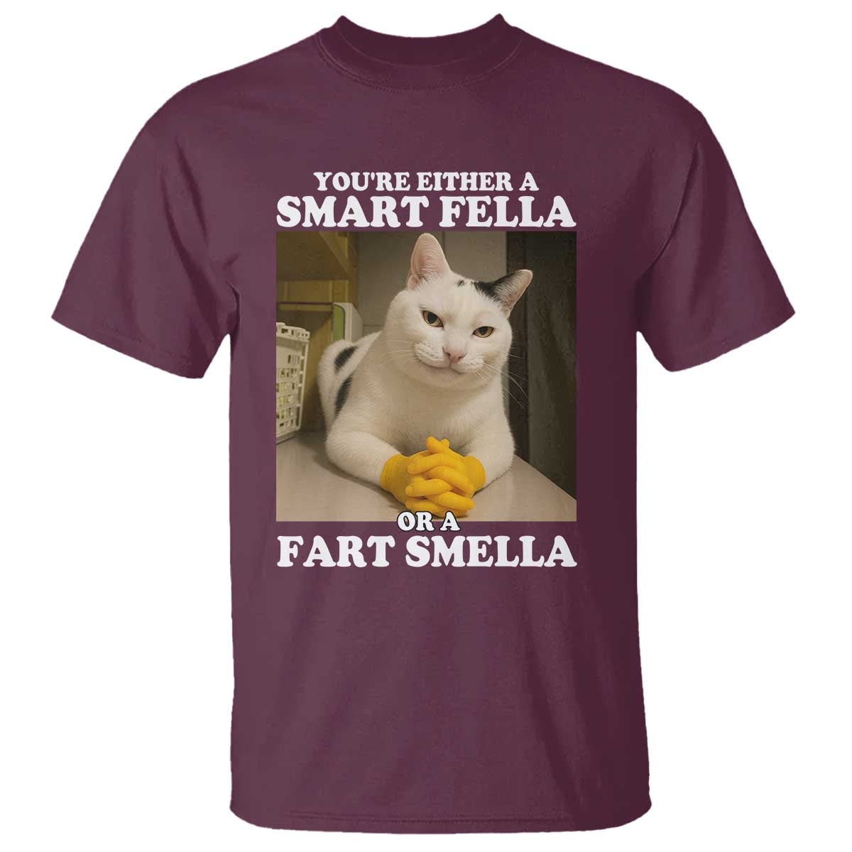 Funny Cat Meme T Shirt You Are Either A Smart Fella Or A Fart Smella TS14 Maroon Print Your Wear