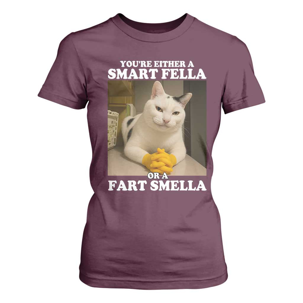Funny Cat Meme T Shirt For Women You Are Either A Smart Fella Or A Fart Smella TS14 Maroon Print Your Wear