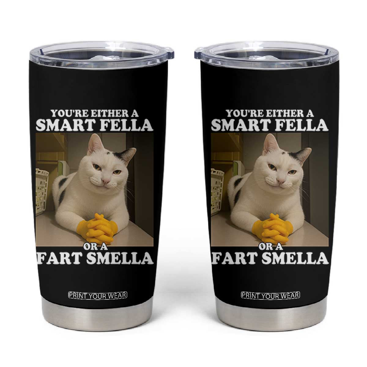 Funny Cat Meme Tumbler Cup You Are Either A Smart Fella Or A Fart Smella TS14 Black Print Your Wear