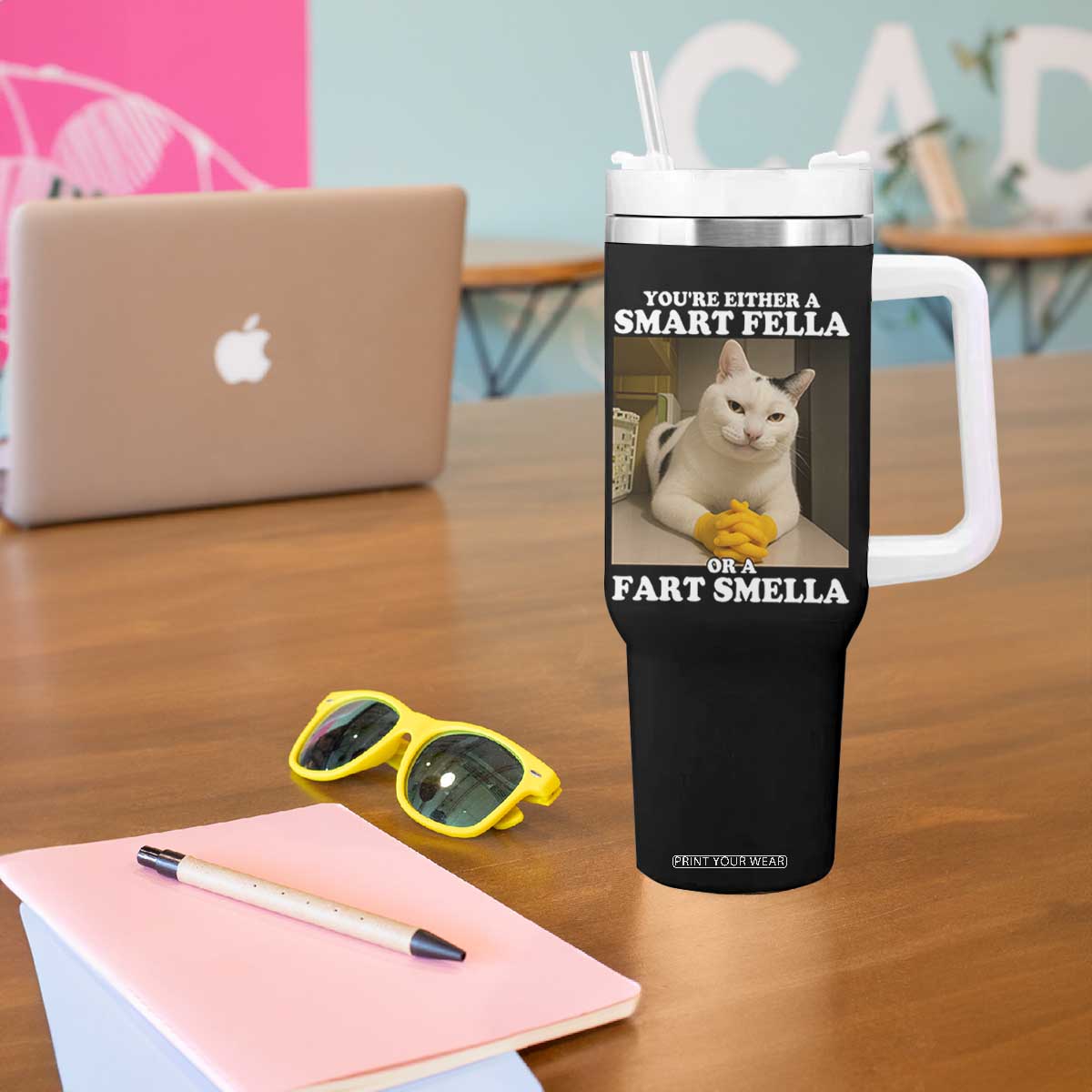 Funny Cat Meme Tumbler With Handle You Are Either A Smart Fella Or A Fart Smella TS14 Print Your Wear