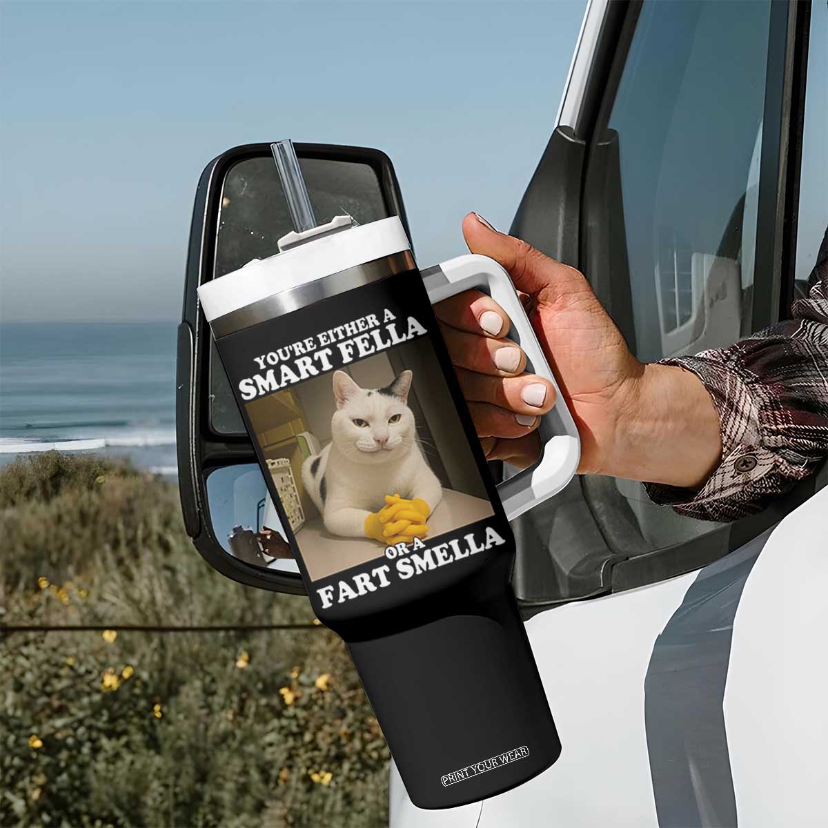 Funny Cat Meme Tumbler With Handle You Are Either A Smart Fella Or A Fart Smella TS14 Print Your Wear