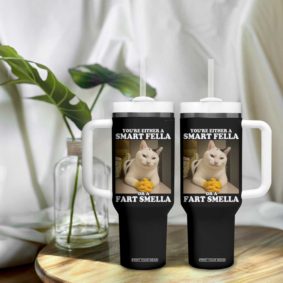 Funny Cat Meme Tumbler With Handle You Are Either A Smart Fella Or A Fart Smella TS14 Print Your Wear