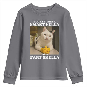 Funny Cat Meme Youth Sweatshirt You Are Either A Smart Fella Or A Fart Smella TS14 Charcoal Print Your Wear