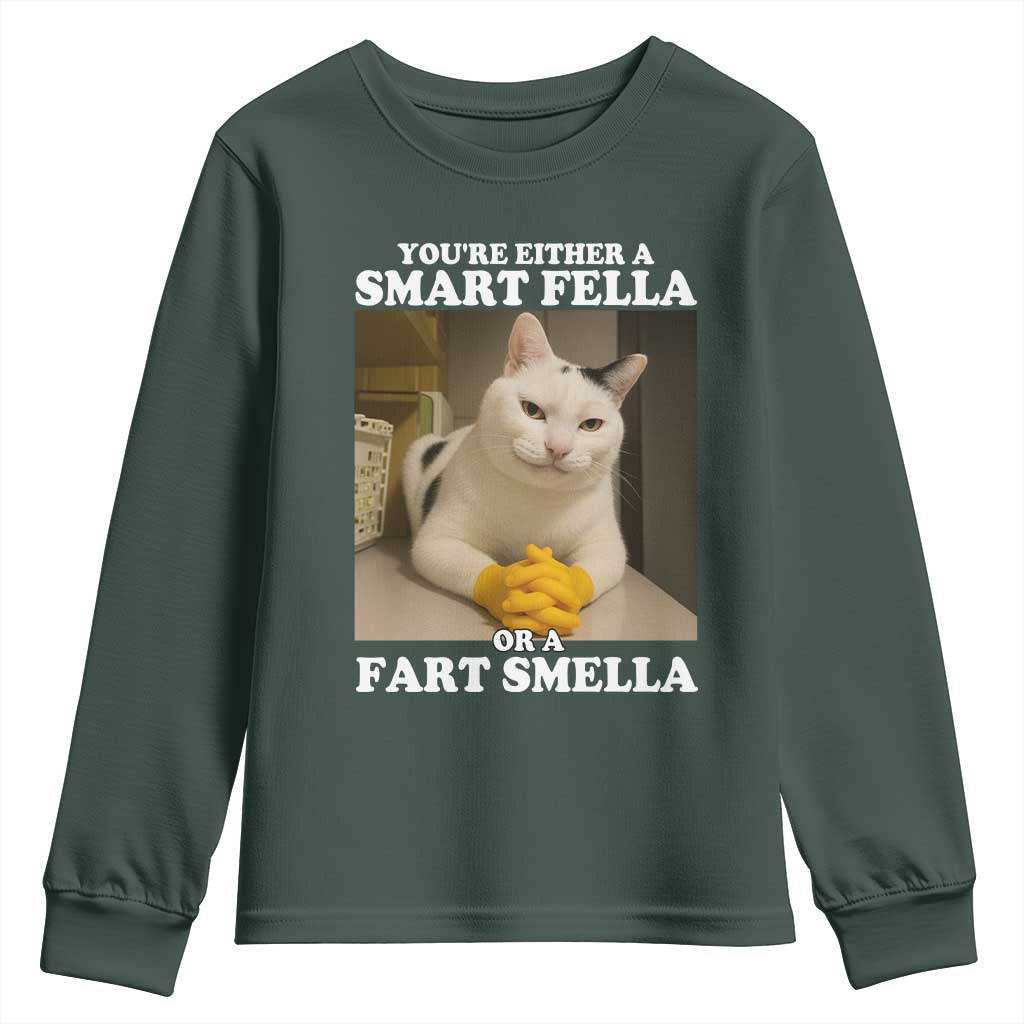 Funny Cat Meme Youth Sweatshirt You Are Either A Smart Fella Or A Fart Smella TS14 Dark Forest Green Print Your Wear