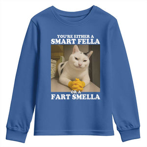 Funny Cat Meme Youth Sweatshirt You Are Either A Smart Fella Or A Fart Smella TS14 Royal Blue Print Your Wear
