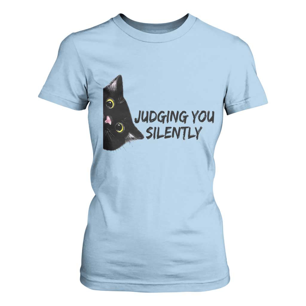 Judging You Silently Black Cat T Shirt For Women Funny Sarcastic Kitten Pet Lovers TS14 Light Blue Print Your Wear