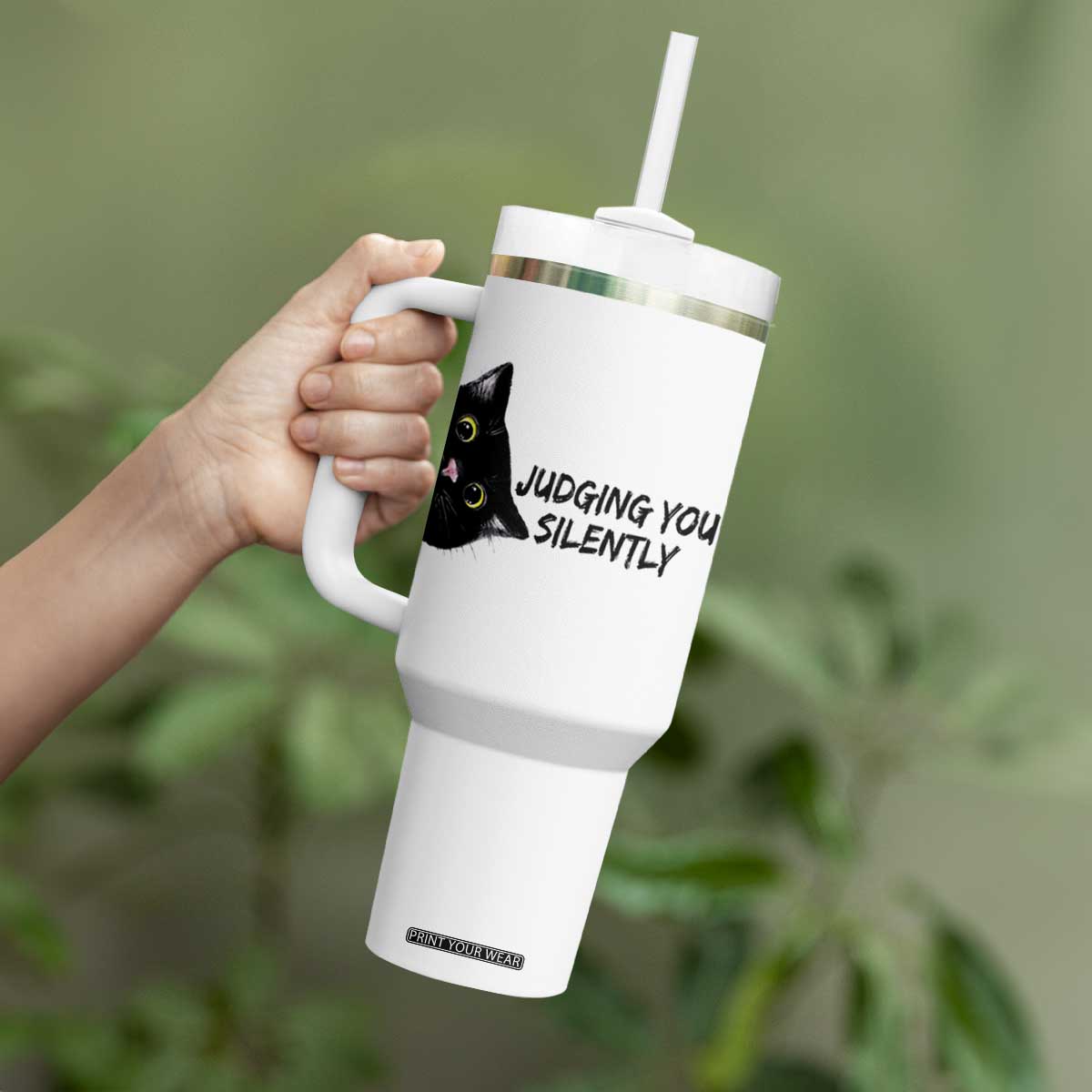 Judging You Silently Black Cat Tumbler With Handle Funny Sarcastic Kitten Pet Lovers TS14 Print Your Wear