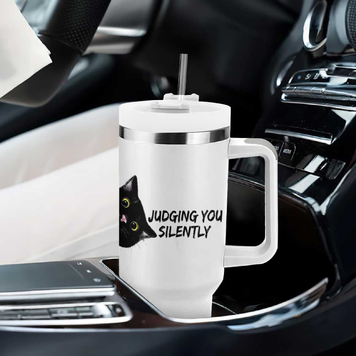Judging You Silently Black Cat Tumbler With Handle Funny Sarcastic Kitten Pet Lovers TS14 Print Your Wear