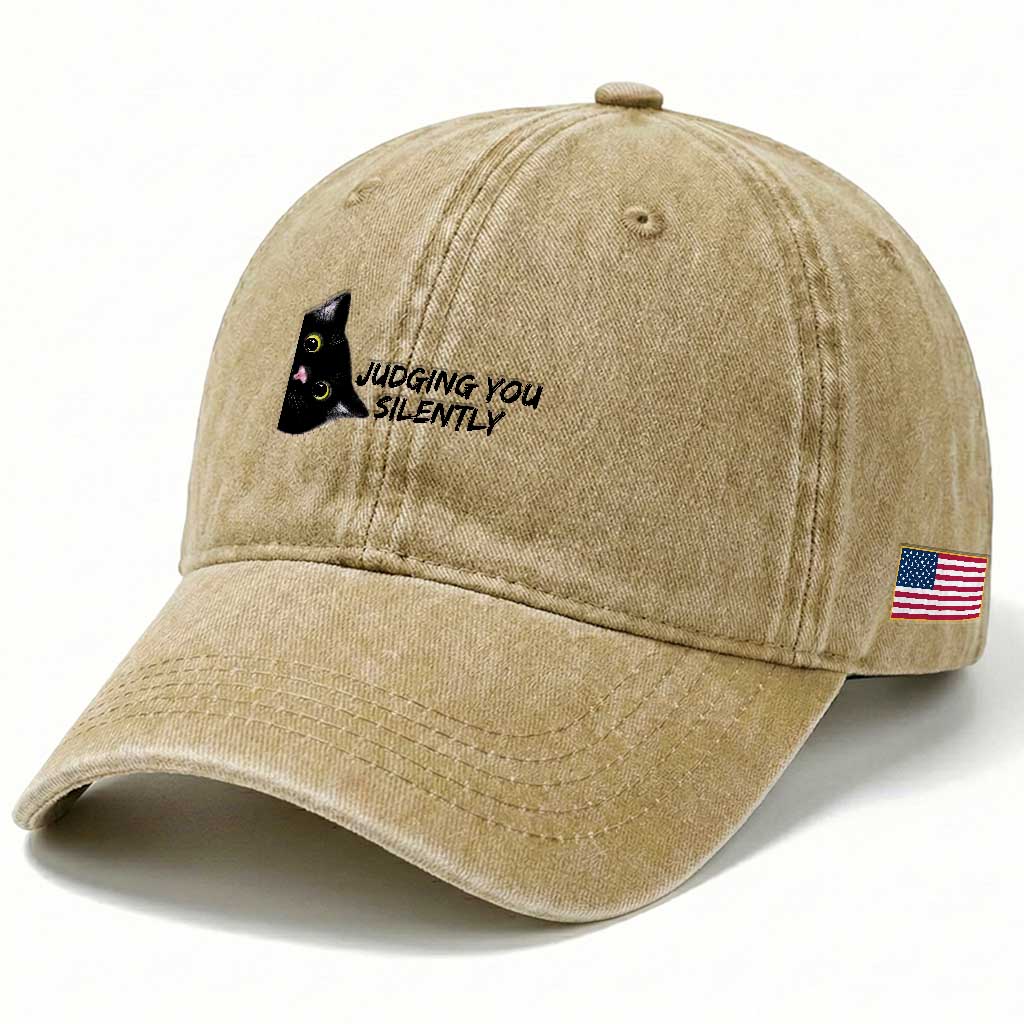 Judging You Silently Black Cat Washed Cotton Baseball Cap Funny Sarcastic Kitten Pet Lovers TS14 Print Your Wear