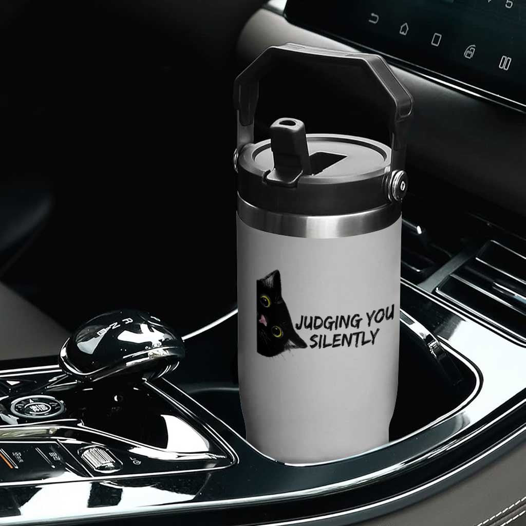 Judging You Silently Black Cat Flip Straw Tumbler Funny Sarcastic Kitten Pet Lovers TS14 Print Your Wear