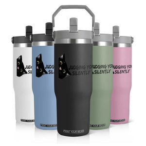 Judging You Silently Black Cat Flip Straw Tumbler Funny Sarcastic Kitten Pet Lovers TS14 Print Your Wear