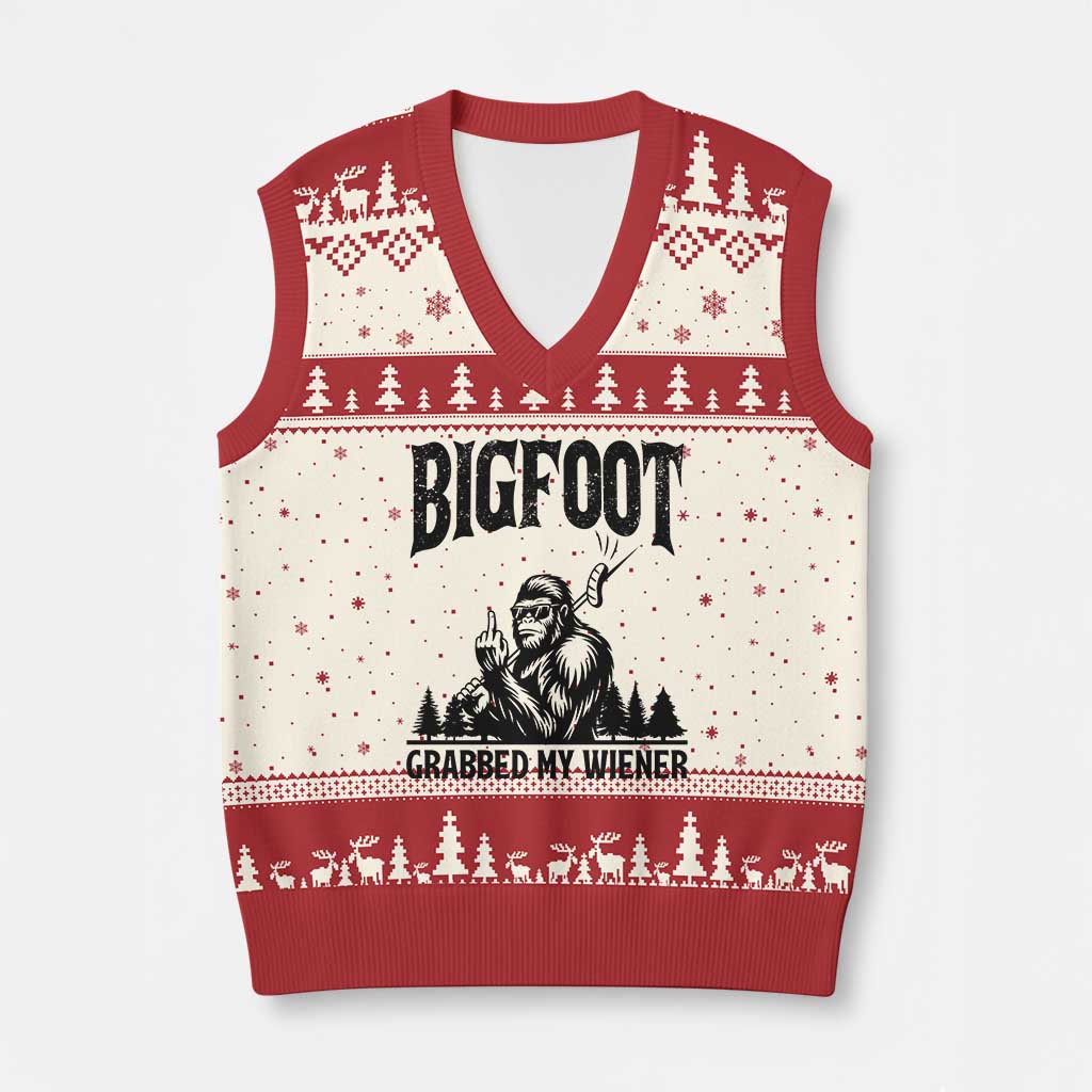 Bigfoot Grabbed My Wiener V-Neck Knit Sweater Vest Funny Sasquatch Camping TS14 Beige Red Print Your Wear