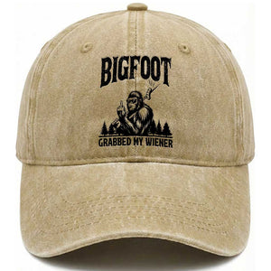 Bigfoot Grabbed My Wiener Washed Cotton Baseball Cap Funny Sasquatch Camping TS14 Washed Cap Universal Fit Khaki Print Your Wear