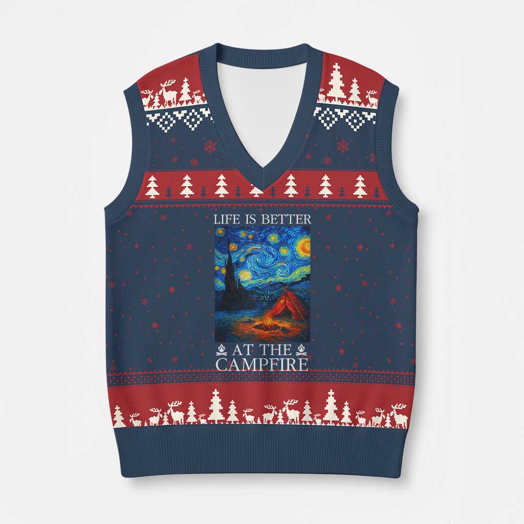 Funny Camping V-Neck Knit Sweater Vest Life Is Better At The Campfire TS14 Navy Red Print Your Wear