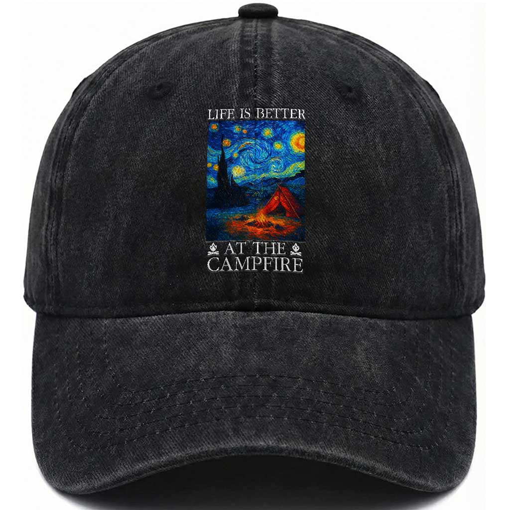 Funny Camping Washed Cotton Baseball Cap Life Is Better At The Campfire TS14 Washed Cap Universal Fit Black Print Your Wear