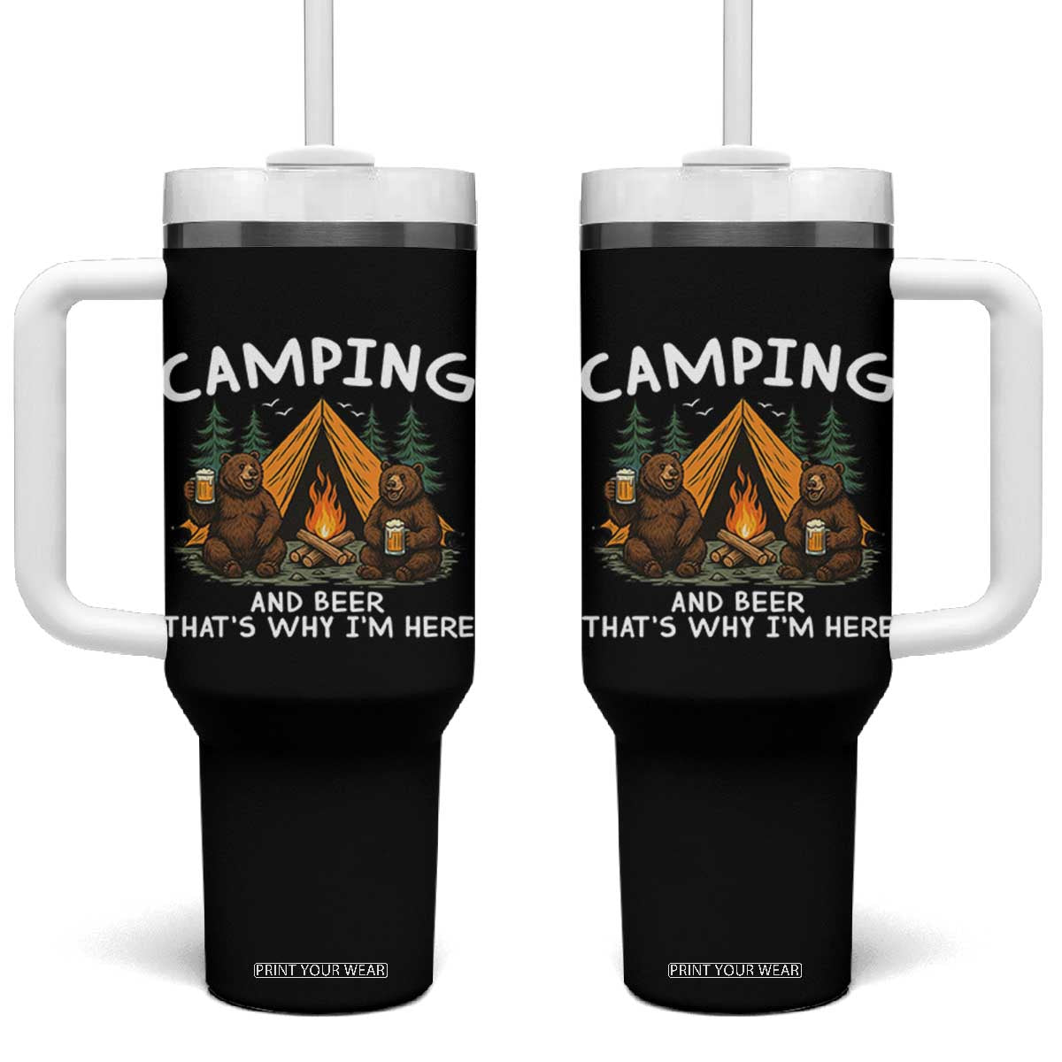 Funny Camping Beer Tumbler With Handle Bear Drinking Lover Gift TS14 One Size: 40 oz Black Print Your Wear