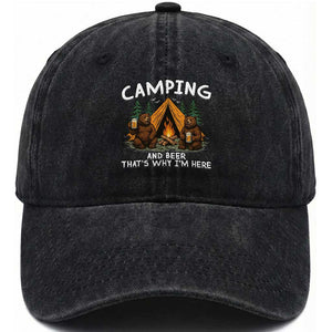 Funny Camping Beer Washed Cotton Baseball Cap Bear Drinking Lover Gift TS14 Washed Cap Universal Fit Black Print Your Wear
