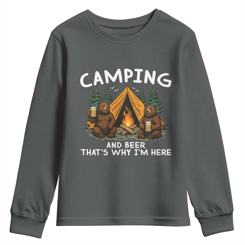 Funny Camping Beer Youth Sweatshirt Bear Drinking Lover Gift TS14 Dark Heather Print Your Wear