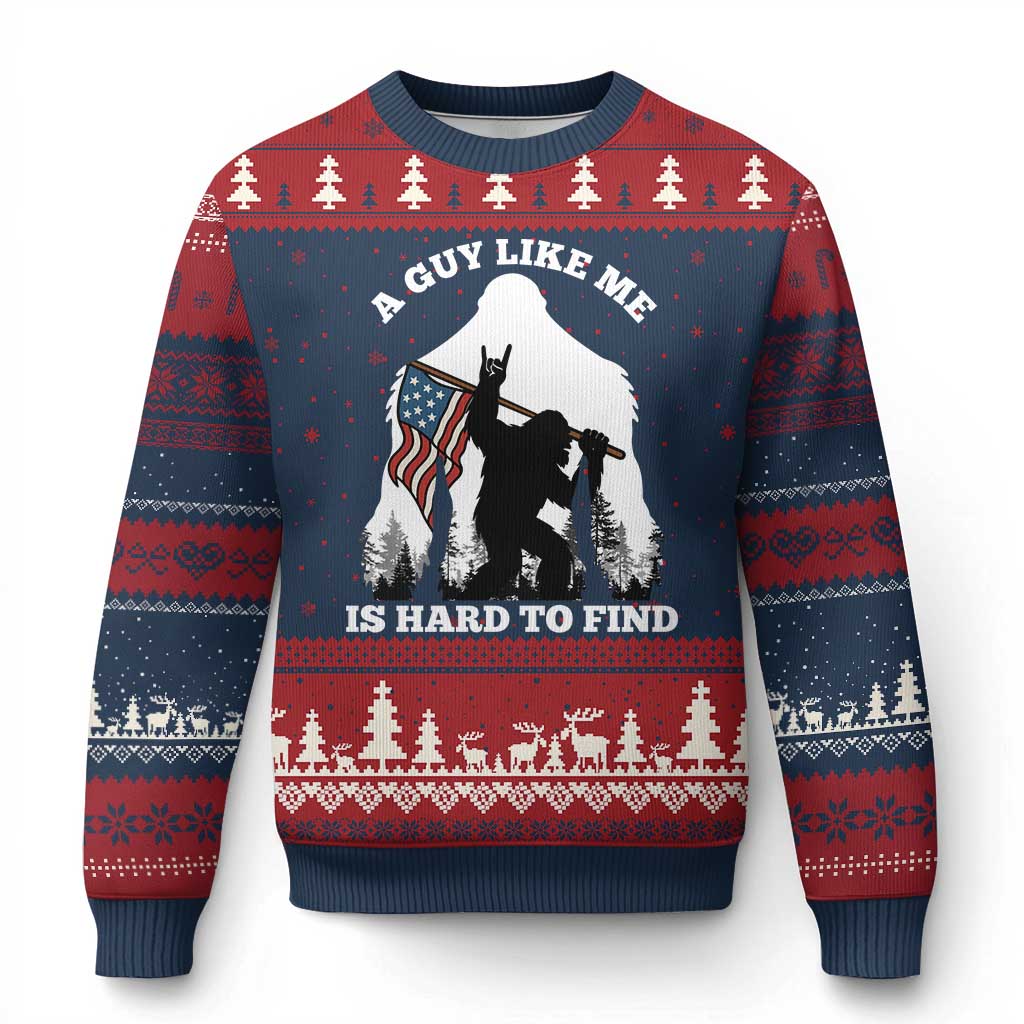 Bigfoot Patriotic American Flag Ugly Christmas Sweater Funny Sasquatch A Guy Like Me Is Hard To Find TS14 Navy Red Print Your Wear