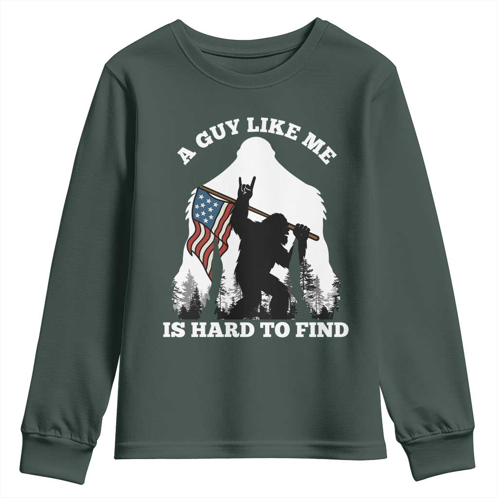 Bigfoot Patriotic American Flag Youth Sweatshirt Funny Sasquatch A Guy Like Me Is Hard To Find TS14 Dark Forest Green Print Your Wear