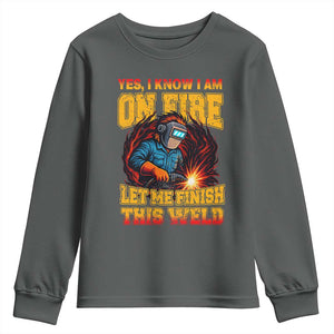 Funny Welding Bigfoot Youth Sweatshirt Cryptid Welder Sasquatch TS14 Dark Heather Print Your Wear