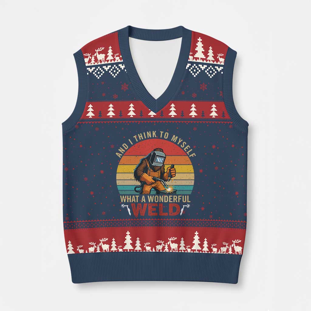 Funny Welding Bigfoot V-Neck Knit Sweater Vest And I Think To Myself What A Wonderful Weld TS14 Navy Red Print Your Wear