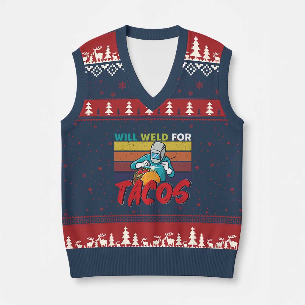 Funny Welding V-Neck Knit Sweater Vest Will Weld For Tacos TS14 Navy Red Print Your Wear