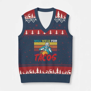 Funny Welding V-Neck Knit Sweater Vest Will Weld For Tacos TS14 Navy Red Print Your Wear