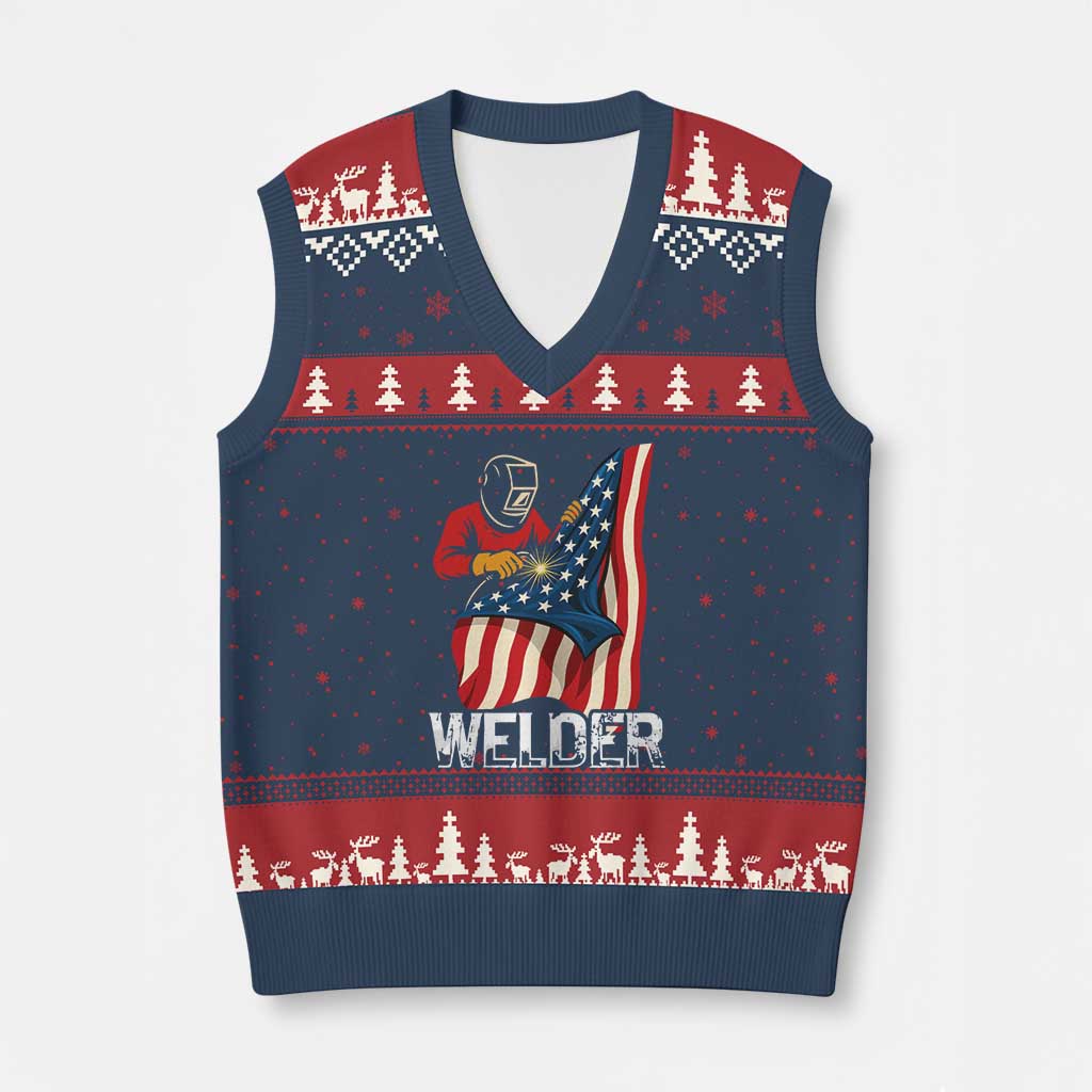 Welder Patriotic American Flag V-Neck Knit Sweater Vest TS14 Navy Red Print Your Wear
