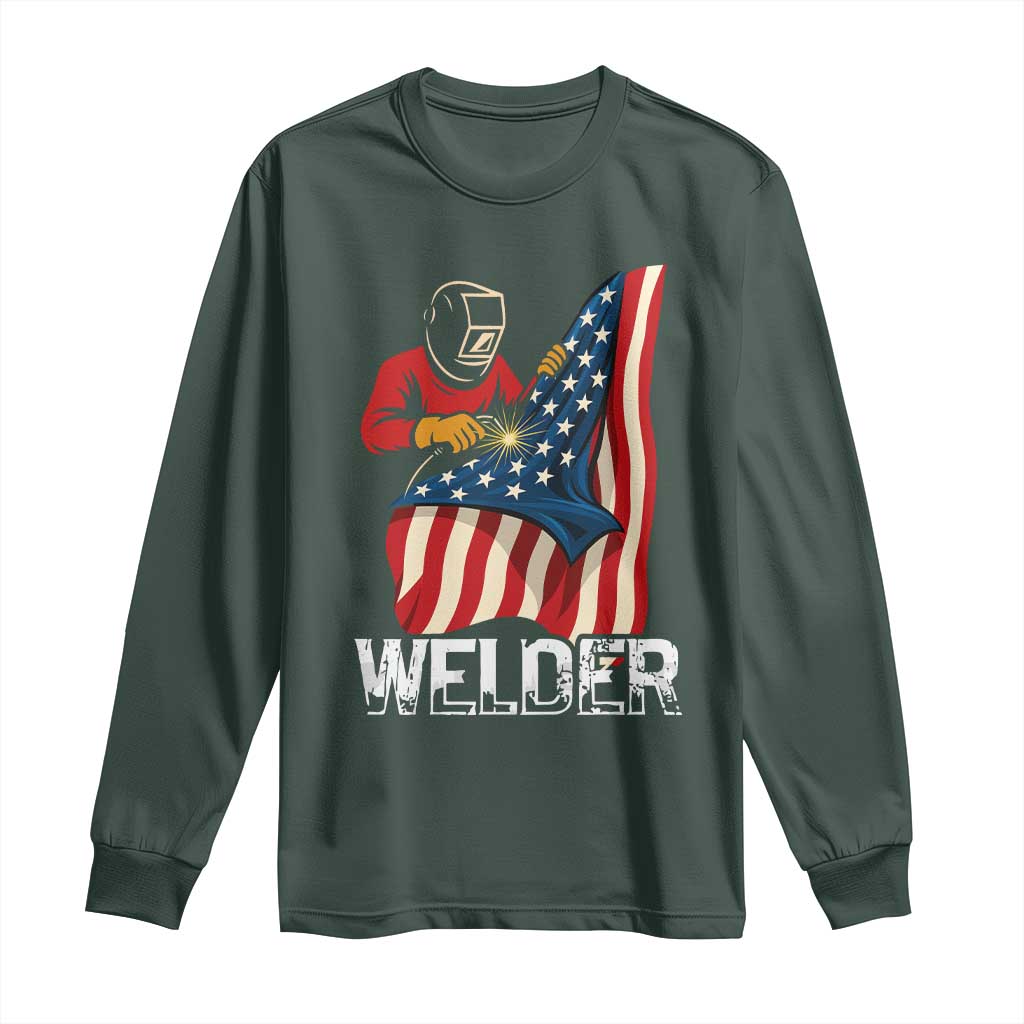 Welder Patriotic American Flag Long Sleeve Shirt TS14 Dark Forest Green Print Your Wear