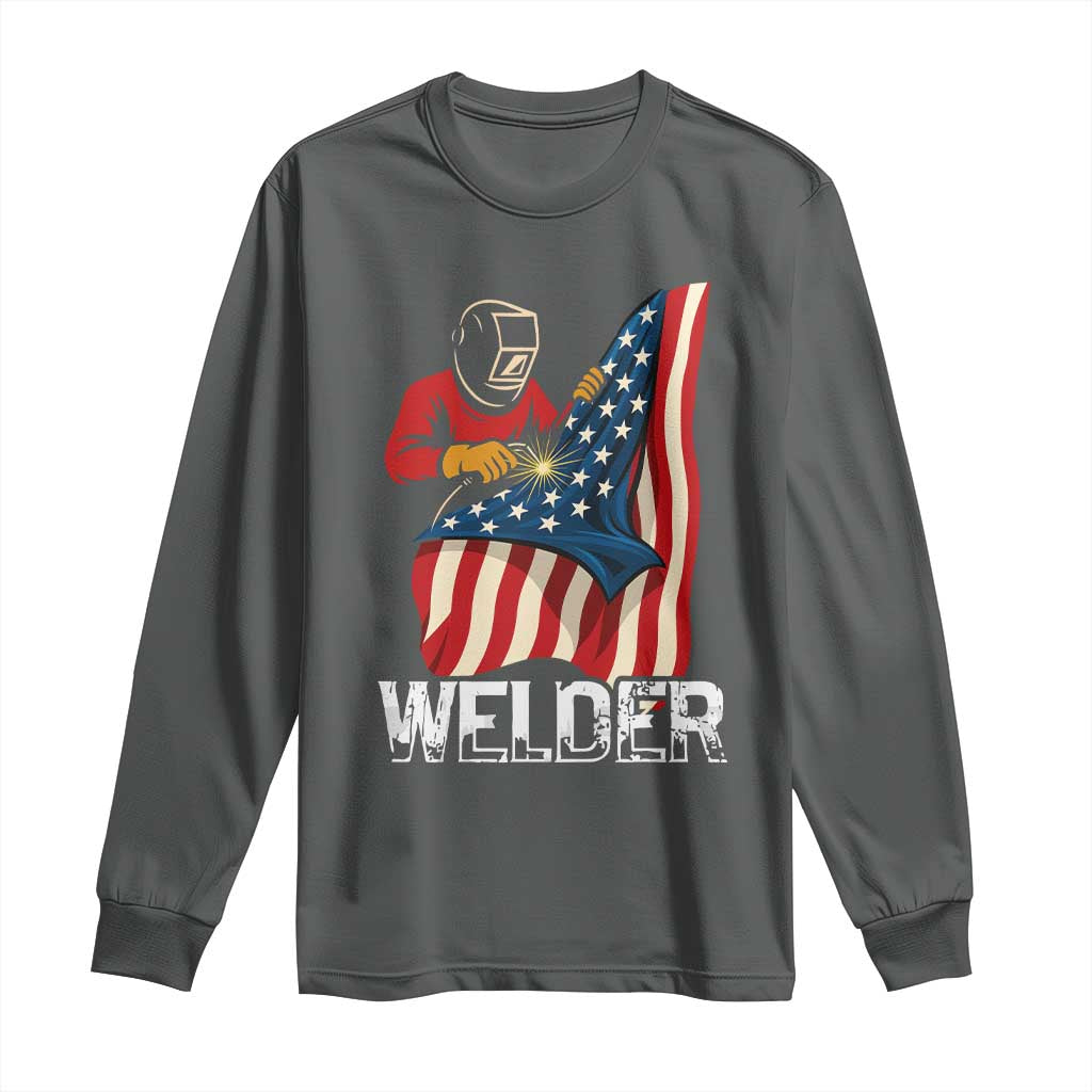 Welder Patriotic American Flag Long Sleeve Shirt TS14 Dark Heather Print Your Wear