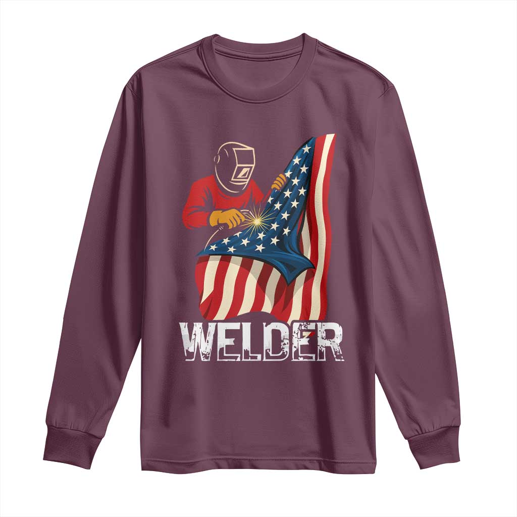 Welder Patriotic American Flag Long Sleeve Shirt TS14 Maroon Print Your Wear