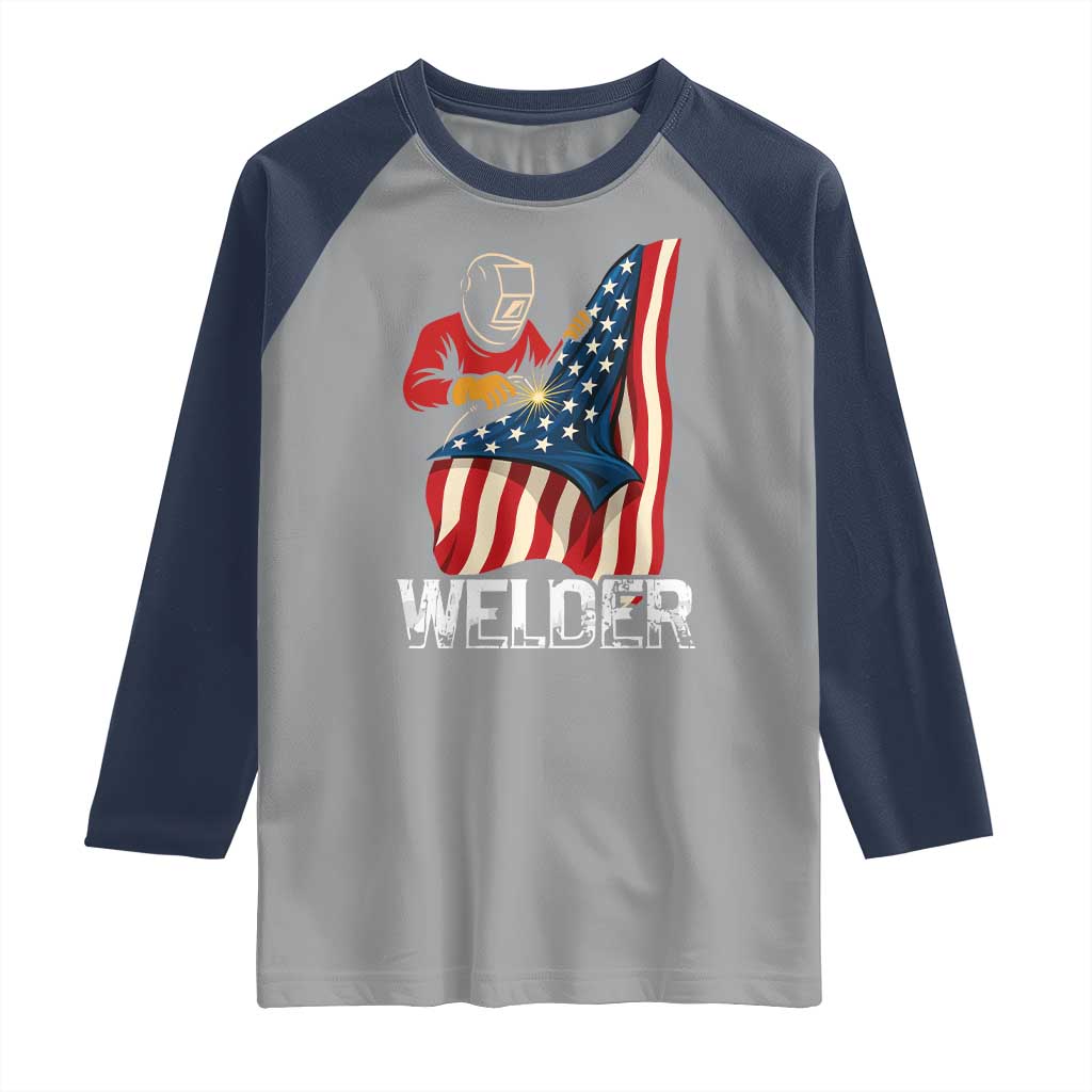 Welder Patriotic American Flag Raglan Shirt TS14 Sport Gray Navy Print Your Wear