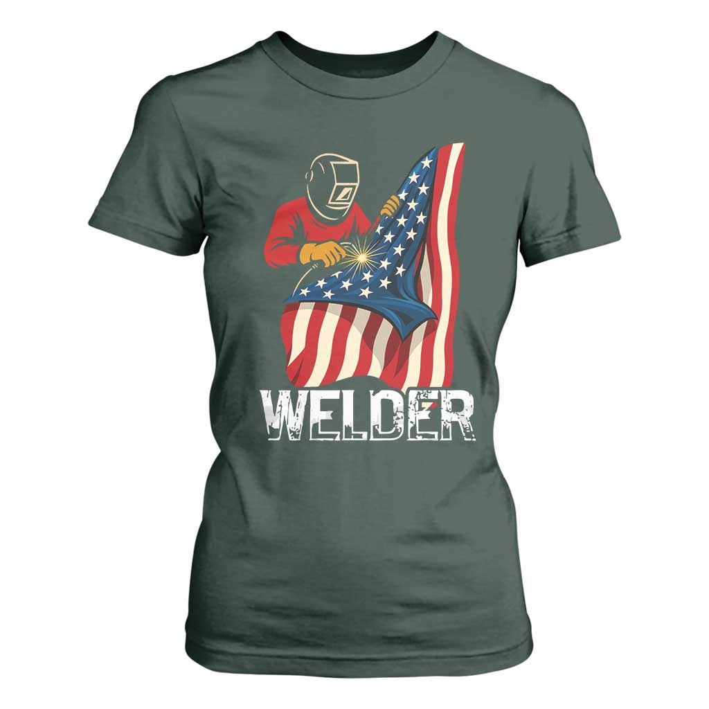 Welder Patriotic American Flag T Shirt For Women TS14 Dark Forest Green Print Your Wear