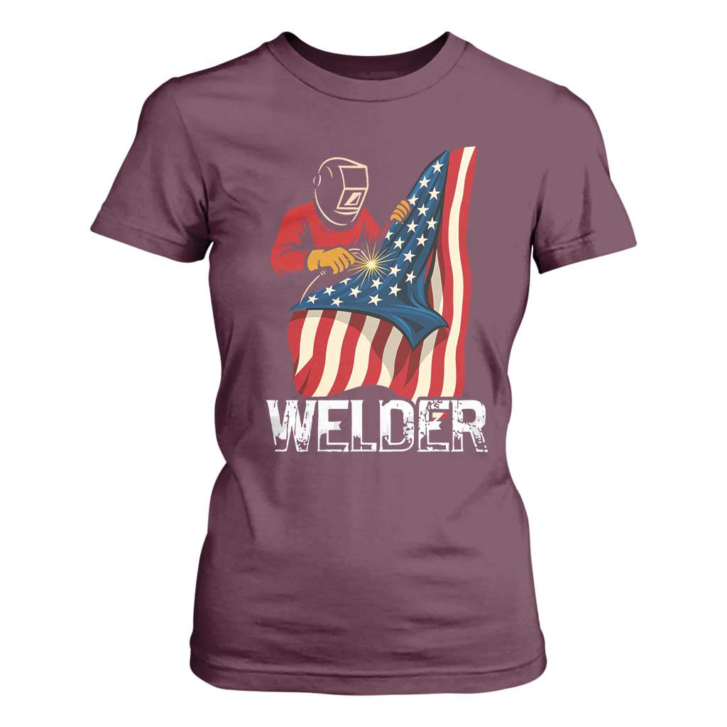 Welder Patriotic American Flag T Shirt For Women TS14 Maroon Print Your Wear