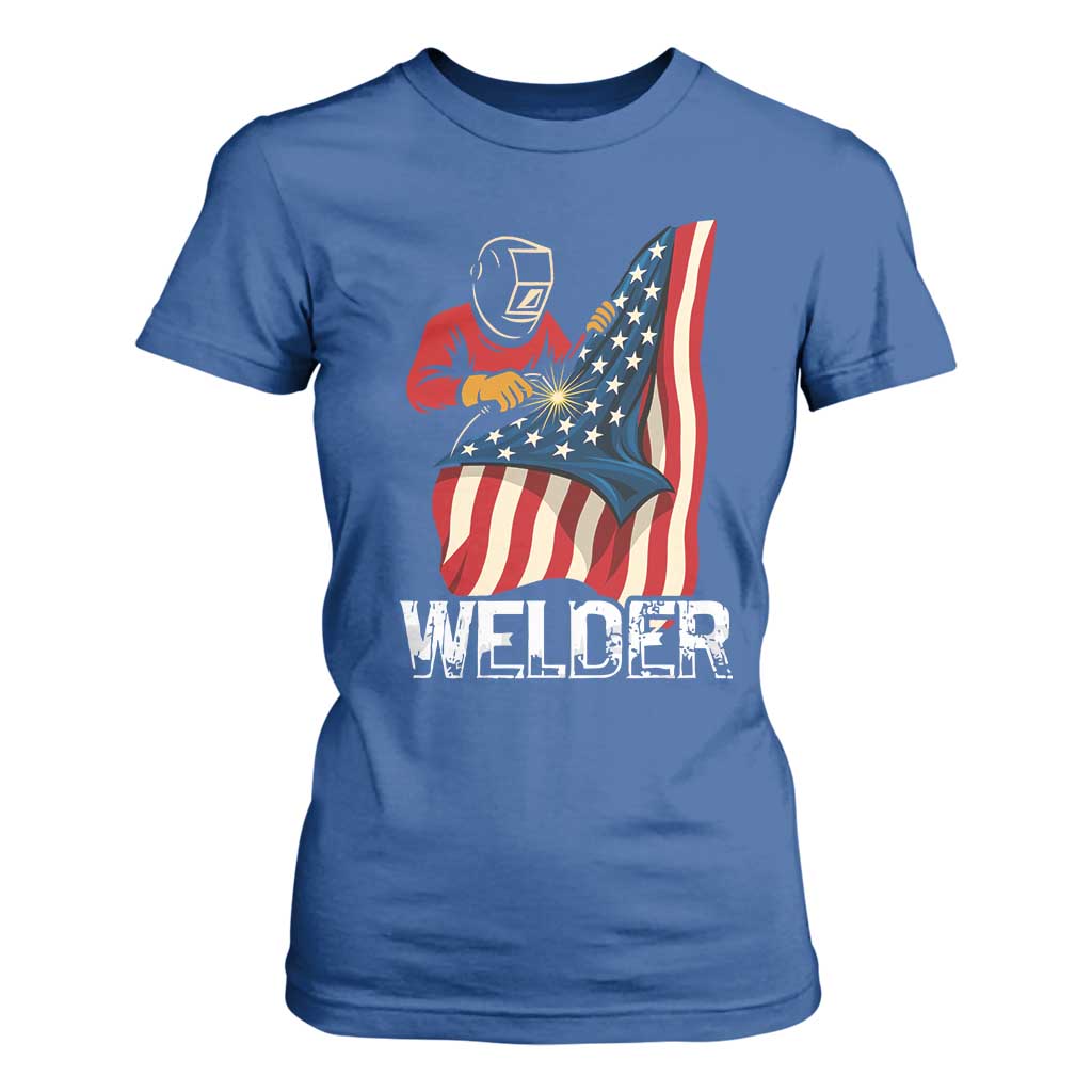 Welder Patriotic American Flag T Shirt For Women TS14 Royal Blue Print Your Wear