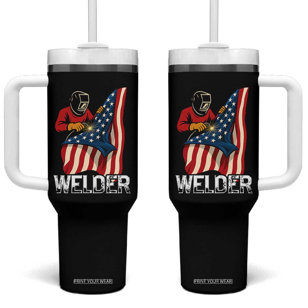 Welder Patriotic American Flag Tumbler With Handle TS14 One Size: 40 oz Black Print Your Wear