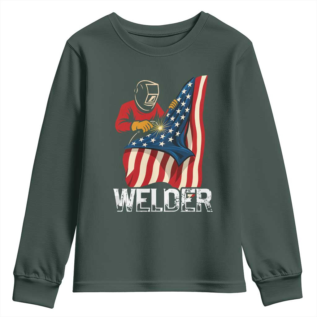 Welder Patriotic American Flag Youth Sweatshirt TS14 Dark Forest Green Print Your Wear
