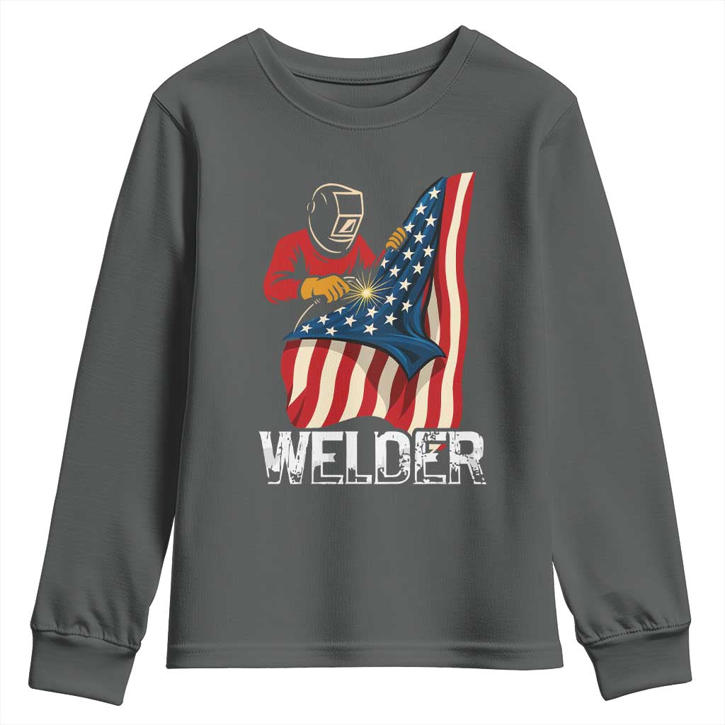 Welder Patriotic American Flag Youth Sweatshirt TS14 Dark Heather Print Your Wear