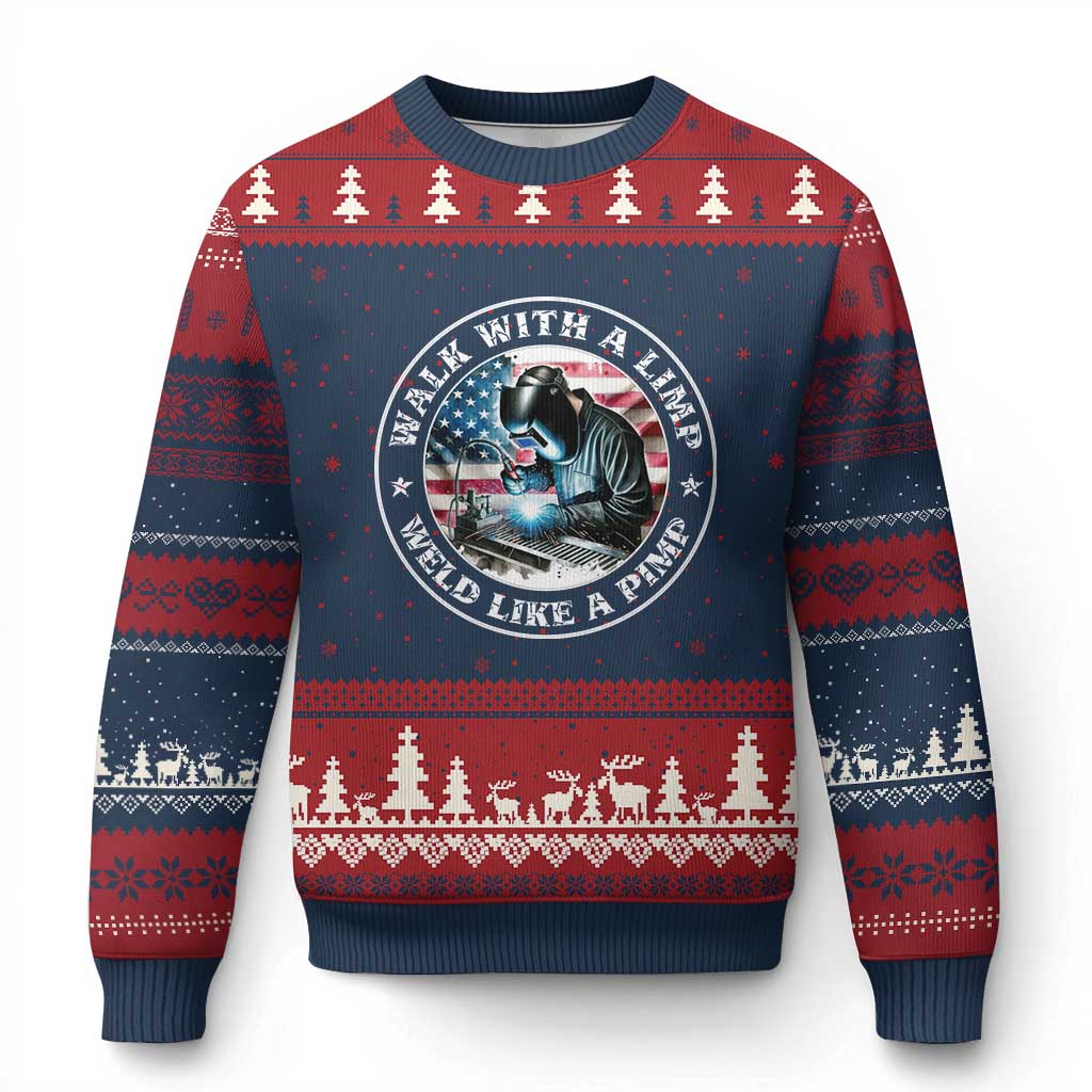 Walk With A Limp Weld Like A Pimp Ugly Christmas Sweater Funny Welding Welder Patriotic American Flag TS14 Navy Red Print Your Wear