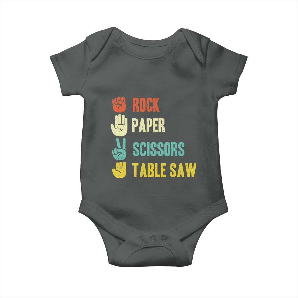 Funny Woodworker Baby Onesie Rock Paper Scissors Table Saw TS14 Dark Heather Print Your Wear