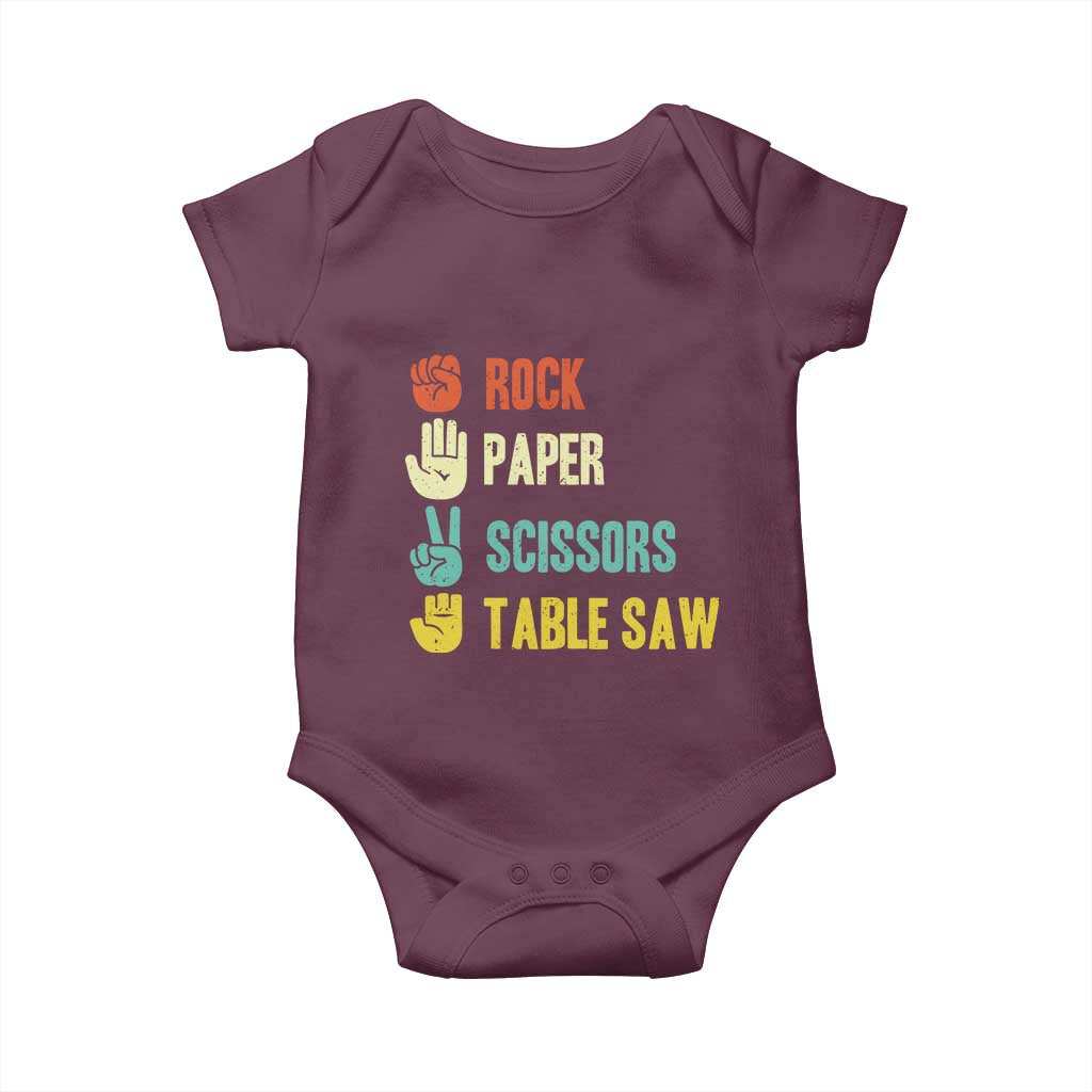Funny Woodworker Baby Onesie Rock Paper Scissors Table Saw TS14 Maroon Print Your Wear