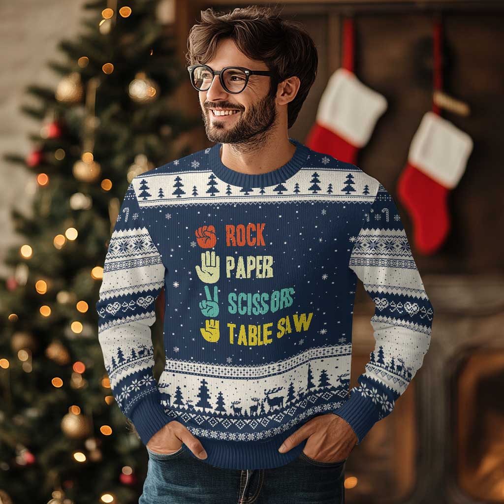 Funny Woodworker Ugly Christmas Sweater Rock Paper Scissors Table Saw TS14 Navy Beige Print Your Wear
